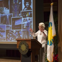 Kim Sajet, director of the National Portrait Gallery, highlights the major exhibitions the Smithsonian has hosted during Secretary Clough's tenure. (Photo by Michael Barnes)