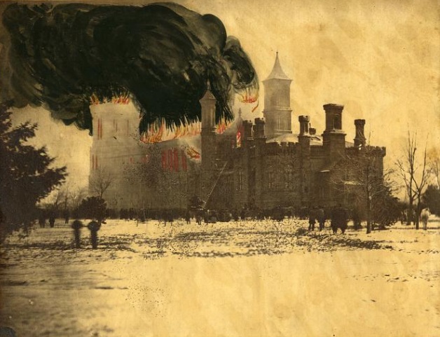 The Washington, D.C.-based photographer Andrew Gardner added hand-tinted flames to this albumen print, giving an impression of the fire that raged January 24, 1865. Smithsonian Institution Archives Neg. No. SIA2013-08351