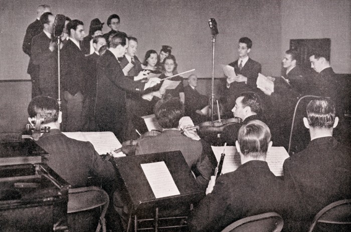 Rehearsal of one of 'The World Is Yours' radio programs at the NBC studios in New York City. This series was a depression era project at the Smithsonian created in conjunction with the Works Progress Administration and the U.S. Department of the Interior Office of Education, 1936-1942
