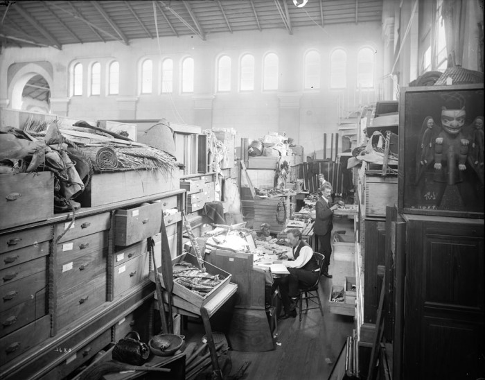 The workroom for for Indian ethnology located on the second floor, West Tower of the United States National Museum, now known as the the Arts and Industries Building, ca. 1890s. Via Smithsonian Institution Archives