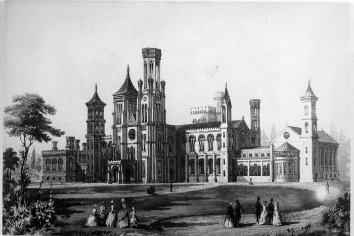 Engraving of the Smithsonian Institution Building in 1849. The exterior of the building was completed in 1851. Under the direction of B. S. Alexander, the main portion of the Smithsonian Institution Building or "Castle" was completed in 1854, except for a few unimportant additions. The total cost for the building grounds, and furnishings is $299,414.14. According the annual report of the Smithsonian Institution in 1854, "From June 13, 1853, when Gilbert Cameron, the original contractor, commenced work on completion of the building, the project has been uninterruptedly prosecuted without any further accidents. The completed upper story has a Lecture Room of about 100 feet in length in the middle, which comfortably seats 1,500 and can hold upwards of 2,000. The optical and acoustic properties of the lecture room are considered unsurpassed by any other in the U.S." Via Smithsonian Institution Archives.