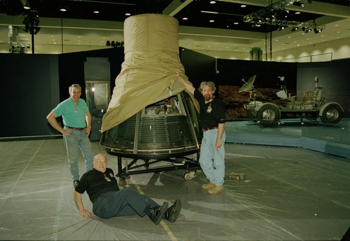 The "Freedom7" Mercury spacecraft being moved into position at the Los Angeles Convention Center. The Convention Center was the first stop of the "America's Smithsonian" exhibition national tour celebrating the Smithsonian's 150th anniversary. The exhibition opened in Los Angeles on February 9, 1996.