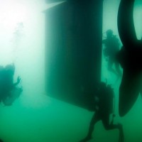 Visibility is so low that divers have to carefully steer clear of the ship's giant propeller. (Photo by Laurie Penland)