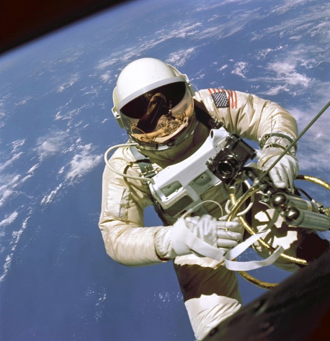 Ed White performing the first EVA by an American during Gemini IV in 1965. Jim McDivitt took this photograph. (Credit: NASA) 