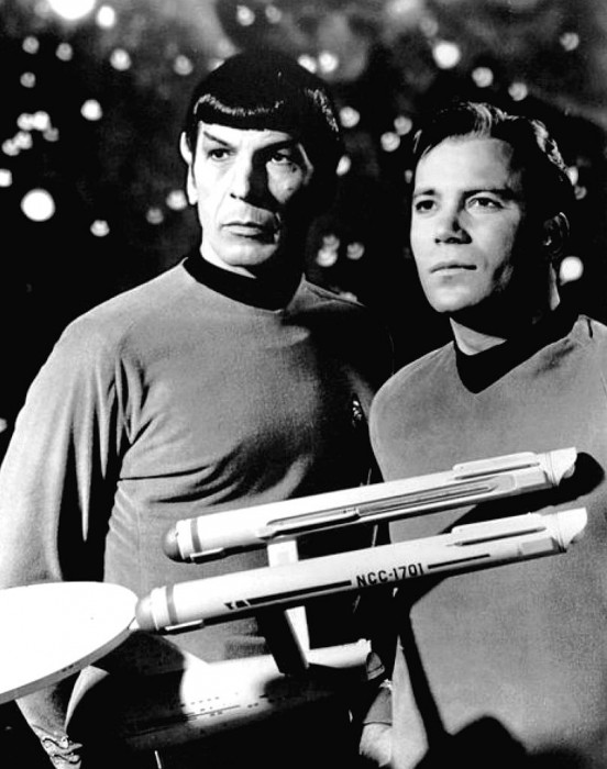 Leonard Nimoy as Mir. Spock and William Shatner as Capt. Kirk in a 1968 "Star Trek" publicity still. Image PD pre 1978)