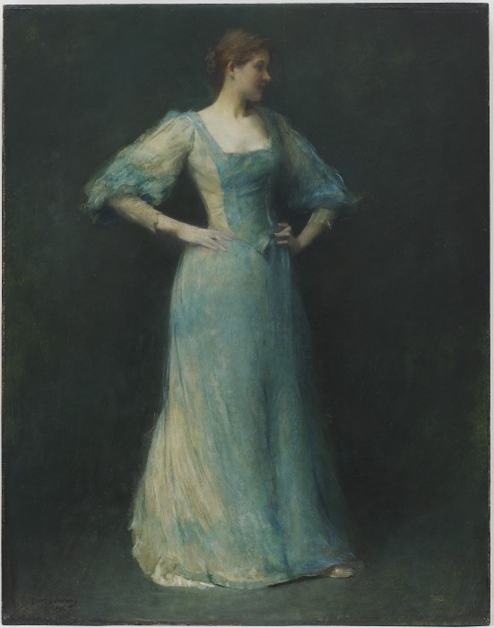 "The Blue Dress" by Thomas Wilmer Dewing, (1851-1938), Oil on wood panel. Gift of Charles Lang Freer, The Freer and Sackler Galleries