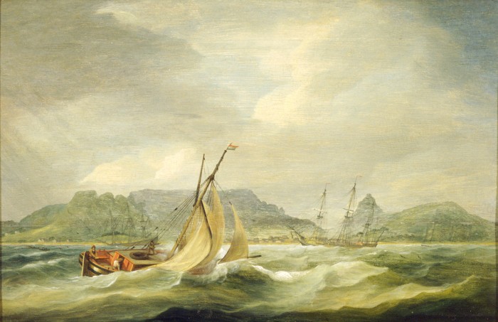 Thomas Luny (1759-1837) Oil on panel 27,5 x 43cm Iziko Social History Collections: Photo: Pam Warne Depiction of the port of Cape Town, South Africa where the São José slave ship planned to stop before continuing to Brazil. The ship wrecked near the Cape of Good Hope before arriving in Table Bay.