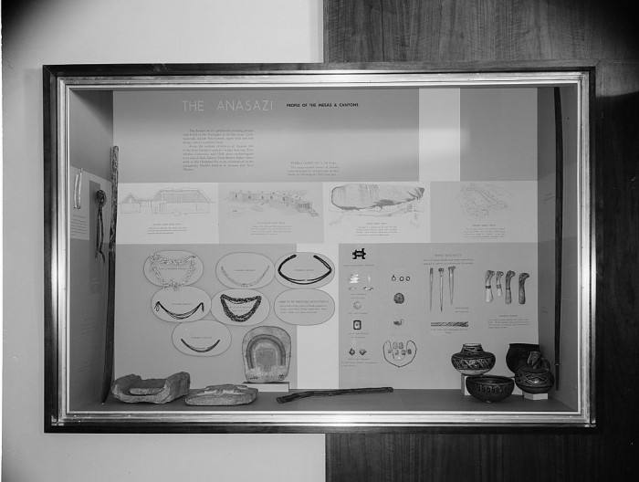 An exhibit case on the Anasazi, the people of the mesas and canyons, contains drawings of Pueblo Community Homes, objects of personal adornment and bone artifacts. The exhibit is on display in the North American Archeology Exhibit, which opened in November 1962, in the National Museum of Natural History. (Photographer unknown, via Smithsonian Institution Archives)