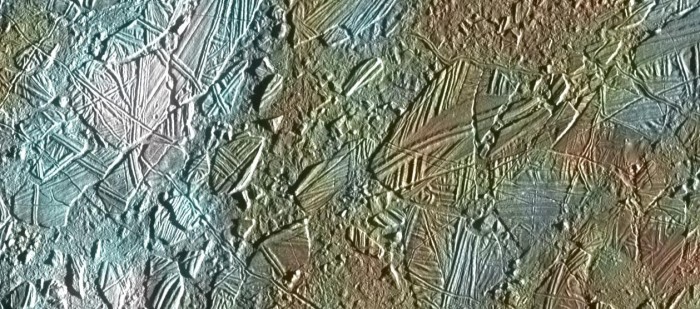 Bizarre features on Europa’s icy surface suggest a warm interior. This view of the surface of Jupiter's moon Europa was obtained by NASA's Galileo mission. (Image credit: NASA / JPL-CalTech)