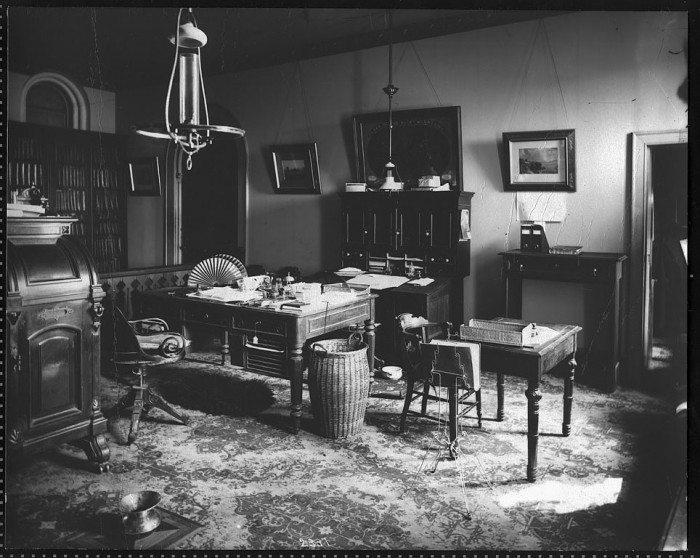 The East Range Office of Secretary Spencer Baird (1878-1887), in the Smithsonian Institution Building around 1878. Baird's state-of-the-art Wooten desk, providing a filing system with pigeon holes and writing surfaces, is visible on the far left. (Photo By Thomas W. Smillie (1843-1917))