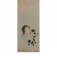 A Child Holding a Spotted Puppy. Tawaraya Sōtatsu; Japan, Edo period, ca. 1600–1630; Hanging scroll (mounted on panel); ink and tint on paper; H x W: H x W (panel): 203.4 x 60.8 cm (80 1/16 x 23 15/16 in); Gift of Charles Lang Freer, F1902.37; Freer Gallery of Art, Smithsonian