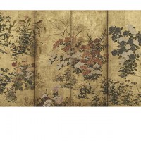 Coxcombs, Maize and Morning Glories. “Inen” seal; Japan, Edo period, 17th century; Screen (two panel); ink, color, gold, and silver on paper; H x W: 159.3 x 190 cm (62 11/16 x 74 13/16 in); Gift of Charles Lang Freer, F1896.82; Freer Gallery of Art, Smithsonian