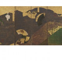 Ivy Vines, Bridges, and Floating Fans. Tawaraya Sōtatsu; Japan, Edo period, 17th century; One of a pair of screens (six panel); color, gold, and silver on paper; H x W: 170 x 381 cm (66 15/16 x 150 in); Gift of Charles Lang Freer, F1902.102; Freer Gallery of Art, Smithsonian