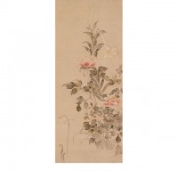 Peonies and Lilies. ”Inen” seal; Japan, Edo period, 1568–1615; Hanging scroll (mounted on panel); ink and color on paper; H x W: 107.3 x 44.1 cm (42 1/4 x 17 3/8 in); Gift of Charles Lang Freer, F1898.56; Freer Gallery of Art, Smithsonian