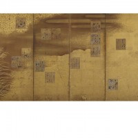 Poem Cards from the Shin-kokinshū Anthology Mounted on a Screen. Calligraphy in the style of Hon'ami Kōetsu; paper design in the style of Tawaraya Sōtatsu; Japan, Edo period, 17th century; One of a pair of screens (six panel); ink, color, and gold on paper; 168.2 x 375.7 cm (66 1/4 x 147 15/16 in); Gift of Charles Lang Freer, F1902.195; Freer Gallery of Art, Smithsonian