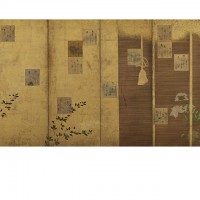 Poem Cards from the Shin-kokinshū Anthology Mounted on a Screen. Calligraphy in the style of Hon'ami Kōetsu; paper design in the style of Tawaraya Sōtatsu; Japan, Edo period, 17th century; One of a pair of screens (six panel); ink, color, and gold on paper; 168.2 x 375.7 cm (66 1/4 x 147 15/16 in); Gift of Charles Lang Freer, F1902.195; Freer Gallery of Art, Smithsonian