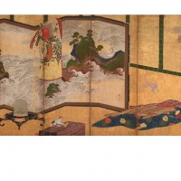 Who’s Sleeves? (tagasode) Painting with “Waves of Matsushima” Screen. Tawaraya Sōtatsu; Japan, Edo period, 18th century; Pair of screens (six panel); color and gold on paper; H x W: 175.8 x 369.9 cm (69 3/16 x 145 5/8 in); Gift of Charles Lang Freer, F1907.126-127; Freer Gallery of Art, Smithsonian