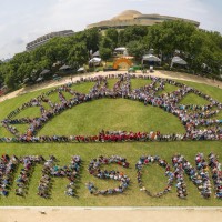 Staff lined up to spell out Smithsonian with a half-sunburst pattern at the 2015 picnic, June 30. (Composite panoramic photograph by Dane Penland.)