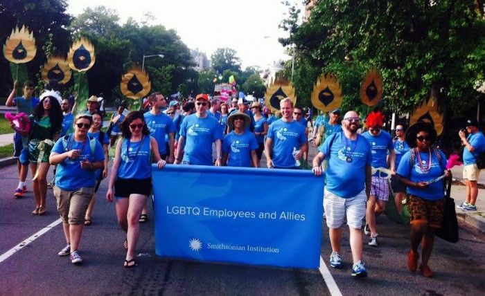 For the first time, the Smithsonian’s lesbian, gay, bisexual, transgender and questioning/queer employees were formally represented at the annual Capital Pride Parade in June. Joining the “fighting peacocks” of SI Globe and friends in the parade were Acting Secretary Al Horvath; Eduardo Diaz, director of the Smithsonian Latino Center; Johnnetta Cole,director of the African Art Museum and Cynthia Brandt Stover, director of the National Campaign. (Photo courtesy of Rogelio Plasencia)