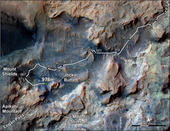 This map shows the route on lower Mount Sharp that NASA’s Curiosity followed in April and early May 2015, in the context of the surrounding terrain. Numbers along the route identify the sol, or Martian day, on which it completed the drive reaching that point, as counted since its 2012 landing.