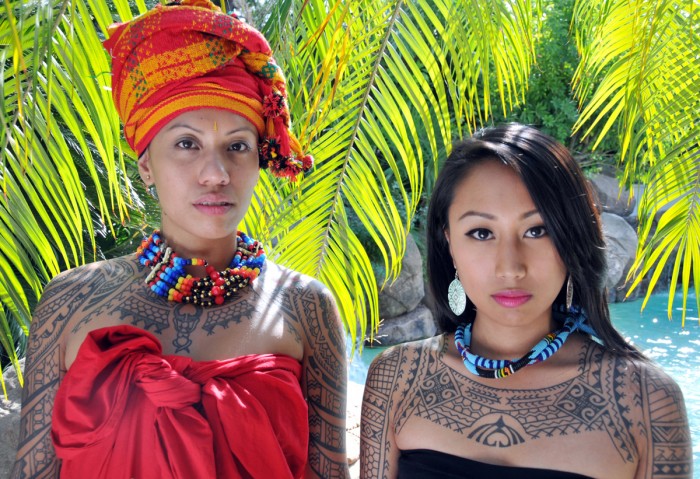 Bianca Gutierrez and Irene Mangon display traditional motifs related to the Philippine tattoo revival. Artwork by Elle and Zel Festin. (Photograph copyright © Lars Krutak)