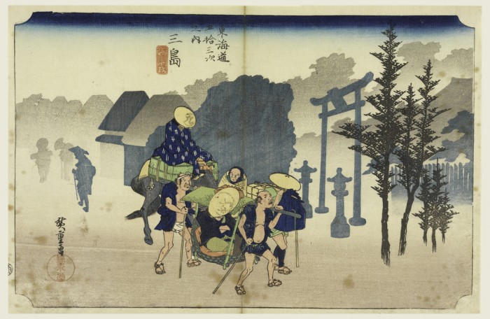 Ando Hiroshige, Morning Mist, In the Fifty-Three Stations of the Tokaido Road (Tokaido Gojusan Tsugi-no Uchi), ca 1834. Ink and watercolor on paper.