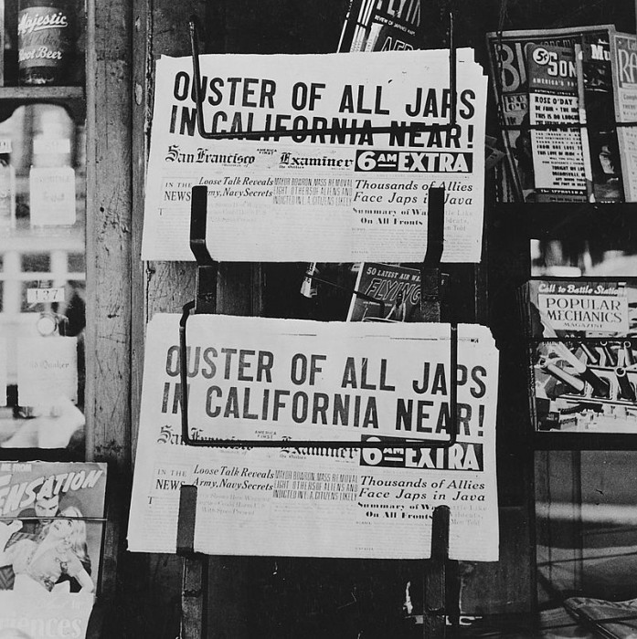 The San Francisco Examiner announces the forced relocation of Japanese American citizens to internment camps with a racist headline in 1944. (Photographer unknown)