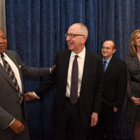 Dr. David Skorton, flanked by son Josh Skorton and wife Dr. Robin Davisson greets Wynton Marsalis. (Photo by Joyce Boghosian)