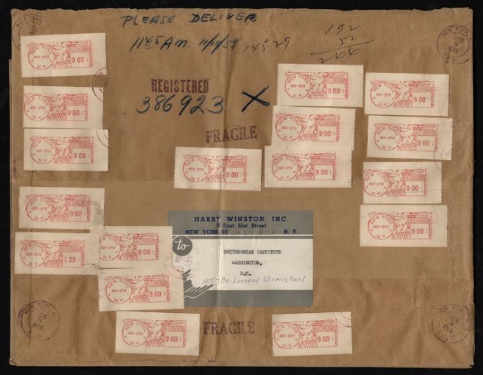 The wrapper for the package containing the Hope Diamond is part of the collection at the Smithsonian's National Postal Museum.