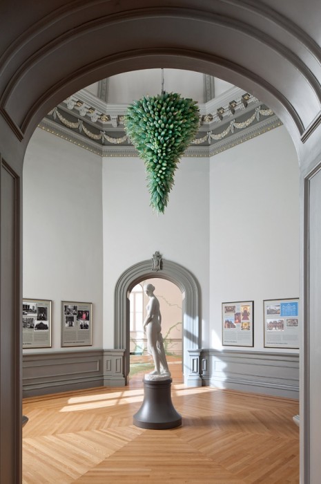 The Octogan Room with a chandelier by Dale Chihuly and Hiram Powers' "The Greek Slave" in the renovated Renwick Gallery, Smithsonian's American Art Museum. (Photo by Ron Blunt)