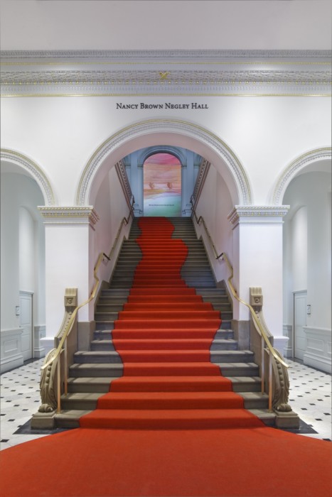 A rug by Odile Decq graces the stairs to the Nancy Brown Negley Hall at the renovated Renwick Gallery, Smithsonian's American Art Museum. (Photo by Ron Blunt)