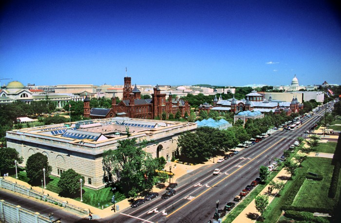 A northeast-facing, aerial view of the Quadrangle and central Smithsonian Institution campus on the National Mall in Washington, D.C., with the Freer Gallery of Art in the central foreground and the Smithsonian Institution Building ("The Castle") in the central background. (Photo by Eric Long)