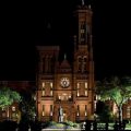 Dramatically lit Smithsonian Castle at night