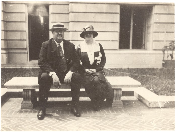 Mrs and Mr Heye seate don a bench