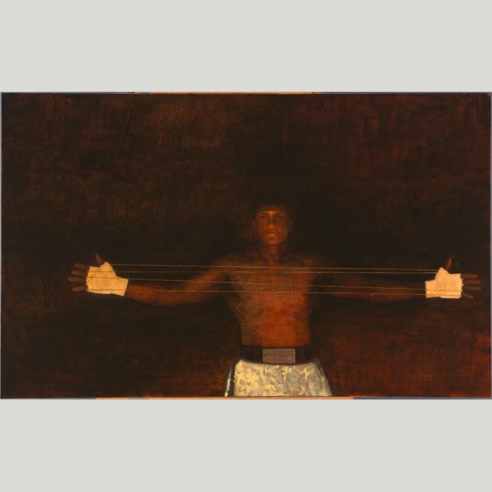 Painting of Ali in trunks with extended arms