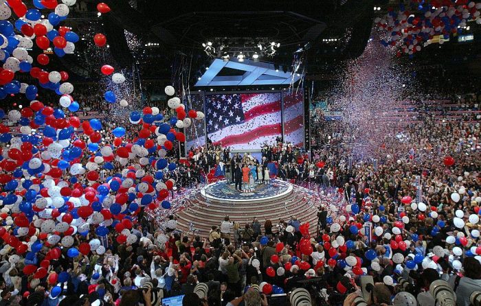 Balloons fall from the ceiling following President George W. Bush's speech accepting his party's nomination on the final night of the Republican National Convention at Madison Square Garden in New York City, Sept. 2, 2004