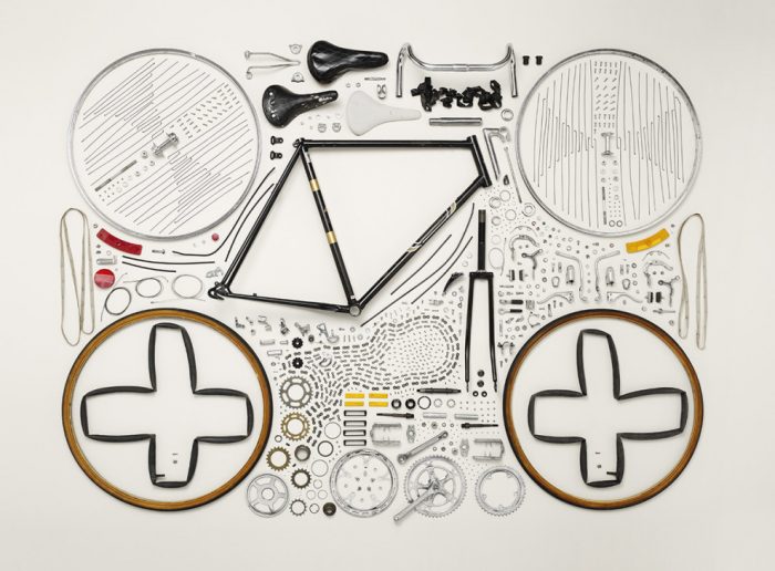 components of bicycle dismantled and neatly arranged