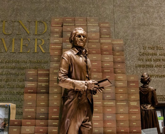 Stature of Jefferson in front of bricks inspcribed with names