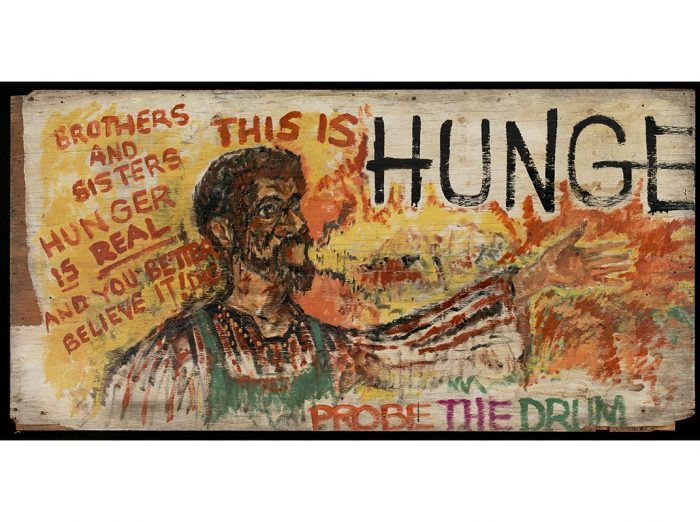 Segment of Hunger Wall mural with slogans and drawings