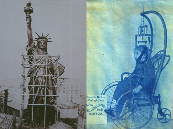 Side by side photos of Statu of liberty and child in orthopedic wheelchair