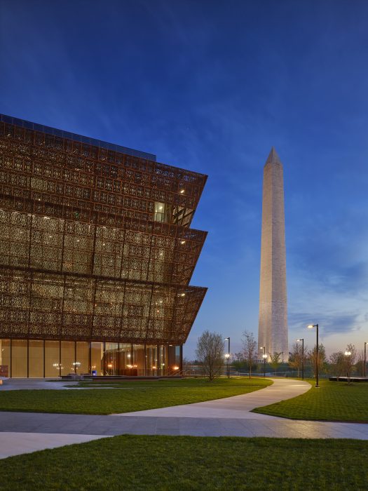 NMAAHC exterior at dusk