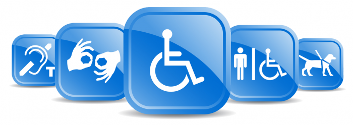 graphic of international symbols for various accessibility accommodations, hearing impaired, wheelchair, etc