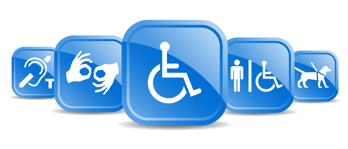 graphic of international symbols for various accessibility accommodations, hearing impaired, wheelchair, etc