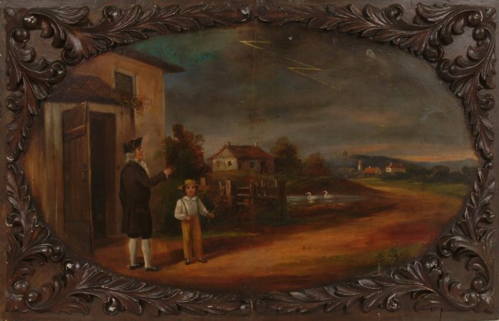 Framed painting depicting Franklin with kite