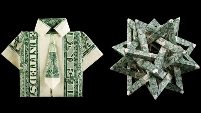 dollar bills folded into origami