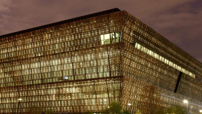 Exterior of African American Museum at dusk