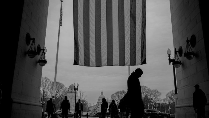 Black and white photo of American Flag