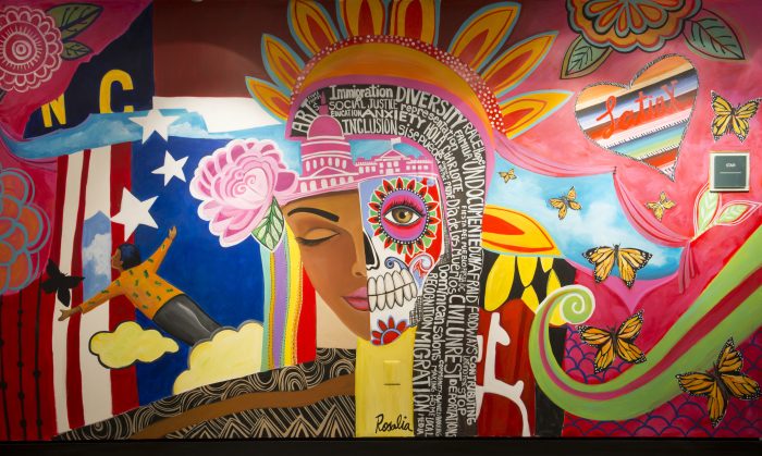 Colorful mural featuring abstract woman's head