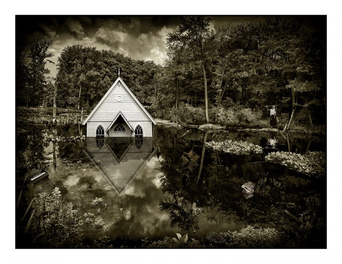 Photograph of partially submerged church