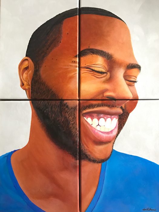 Oil on canvas painting of young man laughing